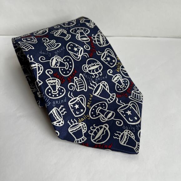 Vintage Coffee Tie NOVELTIES Hallmark 1996 Daily Grind, USA Silk Navy Blue - Picture 8 of 8